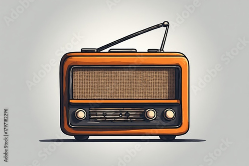An orange vintage radio with an antenna, speaker, and knobs on a light background.