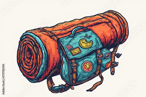 Rolled sleeping bag with a small backpack attached, featuring patches and straps, presented in a detailed illustration style.