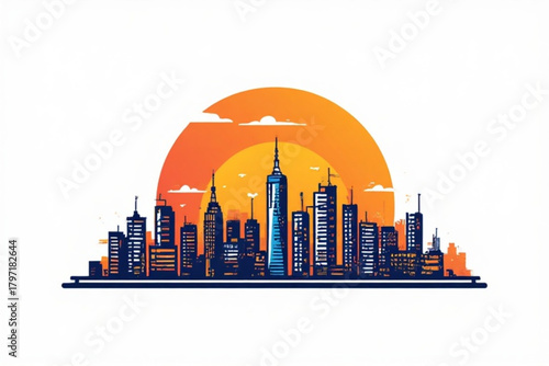 Stylized illustration of a city skyline with tall buildings silhouetted against a sunset.