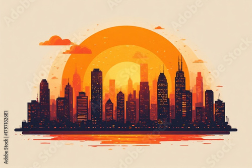 Stylized illustration of a city skyline silhouetted against a setting sun.