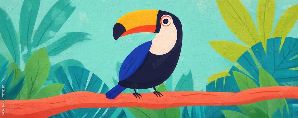 Naklejka premium Stylized toucan bird perched on a branch amidst vibrant tropical foliage
