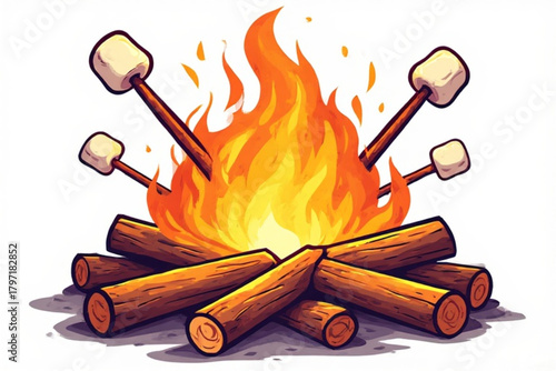 Campfire with flames and logs, featuring marshmallows on sticks ready for roasting.