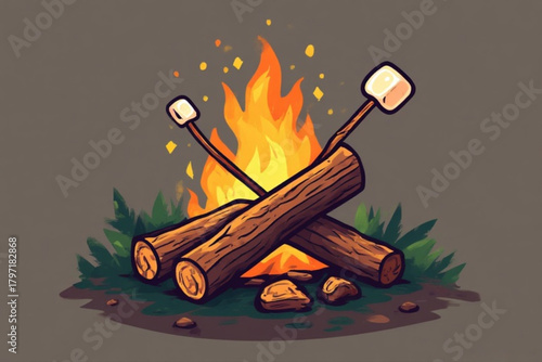 Campfire with logs, flames, grass, rocks, and marshmallows on sticks, depicted in a cartoon style.