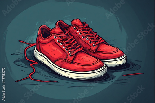 Illustration of a pair of red sneakers with white soles, laces partially untied, on a dark background.