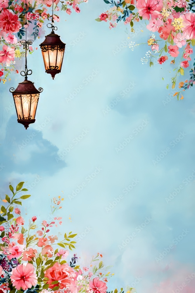 Obraz premium Serene lanterns are nestled among fruits, flowers, and softly falling snow