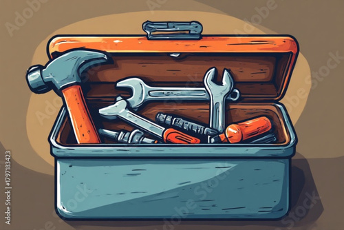 An open toolbox filled with various hand tools, including a hammer, wrenches, and screwdrivers, against a neutral background.