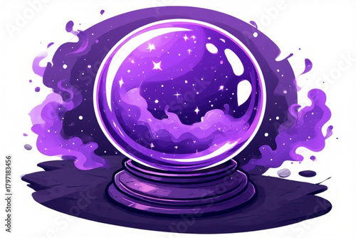 Illustration of a crystal ball with a cosmic scene inside, surrounded by purple smoke.