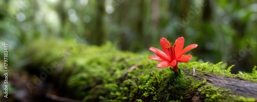 Vibrant red flower blooms on moss covered log in lush green forest nature