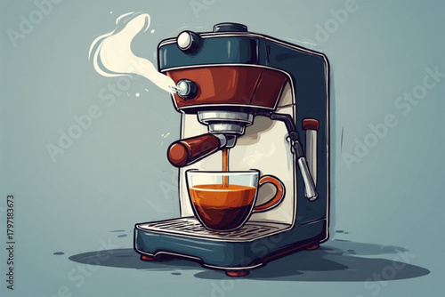 Coffee machine brewing coffee into a clear glass mug, with steam rising.