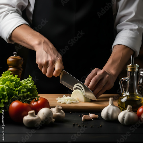 Cooking, cutting fresh food by hand.