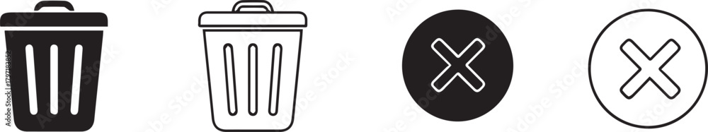 Fototapeta premium Clean line and solid fill vector icons for user interfaces, depicting standard delete, trash, remove, and close actions for web and mobile applications