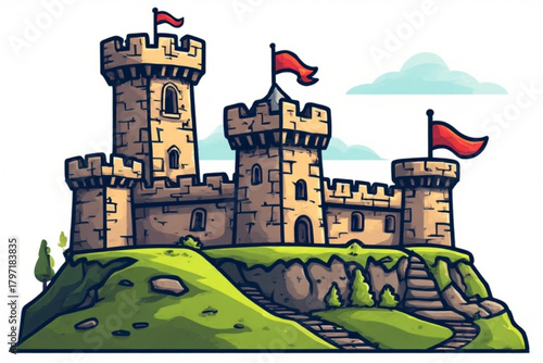 Cartoon depiction of a medieval castle on a green grassy hill with flags.