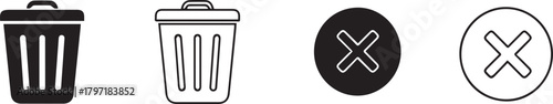 Clean line and solid fill vector icons for user interfaces, depicting standard delete, trash, remove, and close actions for web and mobile applications