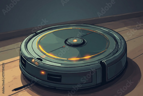 A robotic vacuum cleaner sits on a wooden floor, ready to clean.