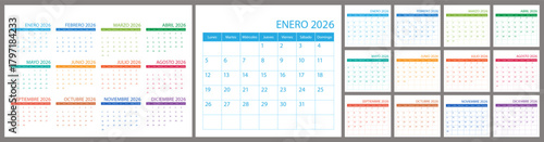 Spanish calendar and planner 2026 year, schedule month calender, organizer template. Week starts on Monday. Business personal page for Spain. Modern simple dairy. Vector illustration