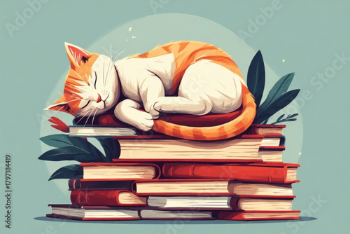 A ginger and white cat sleeping peacefully atop a stack of colorful books.