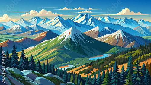 Very beautiful panoramic view from Cannon Mountain in New Hampshire, featuring sweeping White Mountain peaks, forested valleys, and distant ridges under a clear sky, capturing the grandeur of the rugg