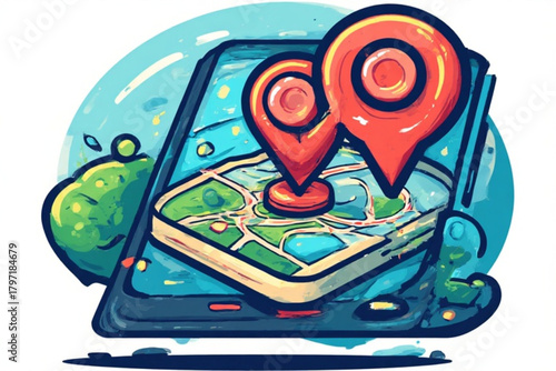 Cartoon illustration of a smartphone displaying a map with two location pins.