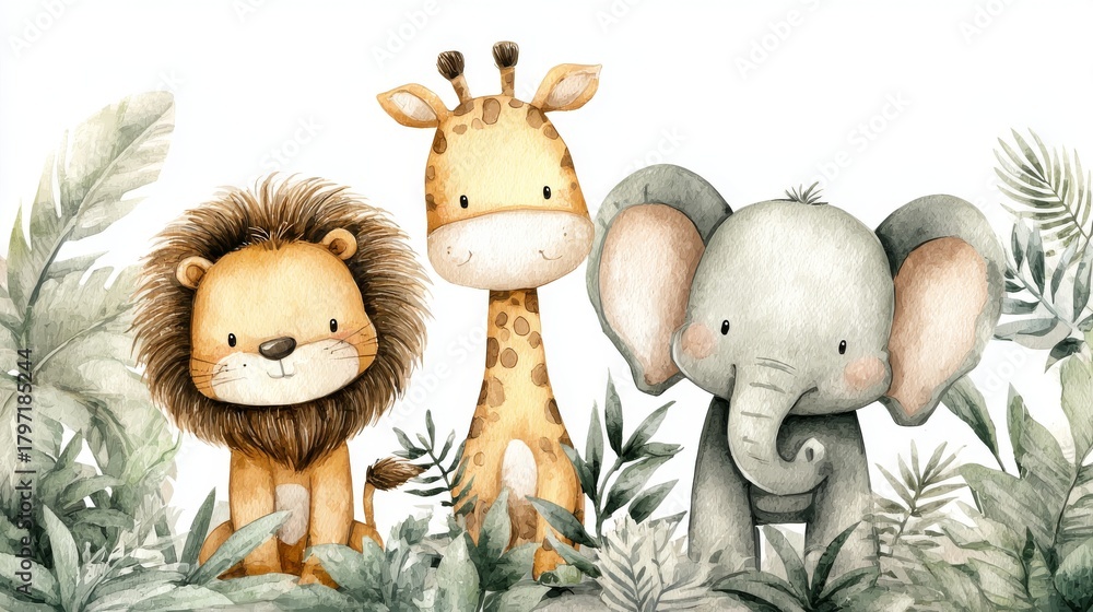 Obraz premium Jungle animals, including lions, elephants, giraffes, zebras, and monkeys, are beautifully illustrated in watercolor, surrounded by leaves, making them perfect for nursery decor, baby shower ideas,