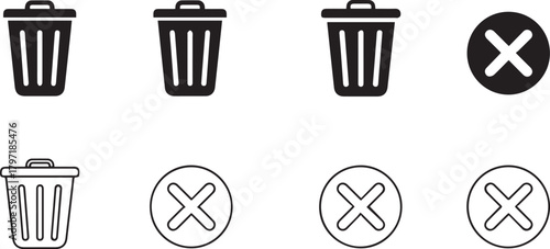 Collection of Trash Cans and Cross Icons for Design and UI Elements