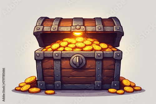 An open wooden treasure chest overflowing with gold coins, illuminated.
