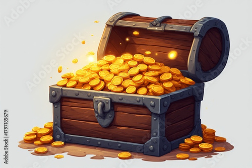 A wooden treasure chest overflowing with gold coins, illuminated and open.