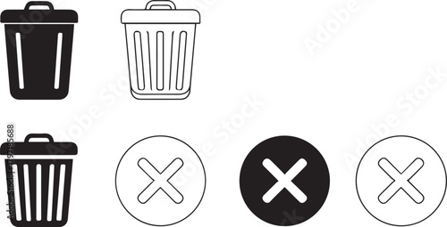A versatile collection of user interface icons for web and mobile applications, featuring trash can and close button symbols for delete, remove, and cancel functions