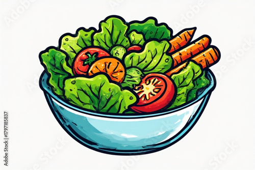Cartoon-style illustration of a salad in a blue bowl, featuring lettuce, tomatoes, carrots, and other vegetables.
