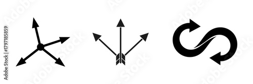 A versatile set of three black arrow icons symbolizing expansion, direction, and infinite loops for user interface design