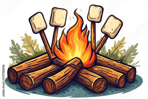 Illustration of a campfire with marshmallows roasting over flames.