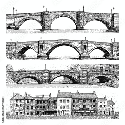 Vintage Engraving of Historic Stone Arch Bridges and Old Town Buildings, Detailed Architectural Illustration Set