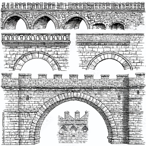 Vintage Engraving Collection of Stone Bridges, Arches, and Architectural Details. Hand-Drawn Historical Castle Wall Elements