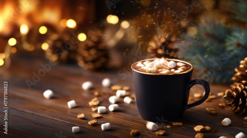 Cozy cup of hot chocolate with marshmallows on a wooden table, surrounded by holiday decorations and pinecones