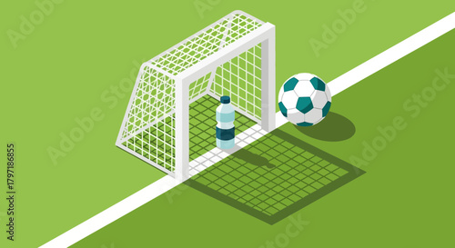 Isometric view of a soccer ball near a goalpost with a water bottle inside, on a green field.
