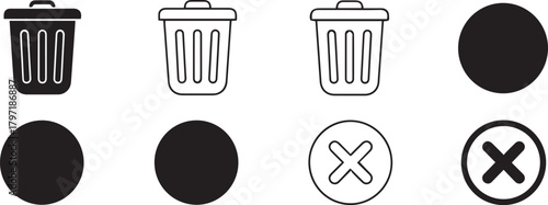 Essential vector icon set for digital interfaces, featuring a variety of trash can symbols and cross marks designed for delete, remove, and cancel functions in web and app design projects