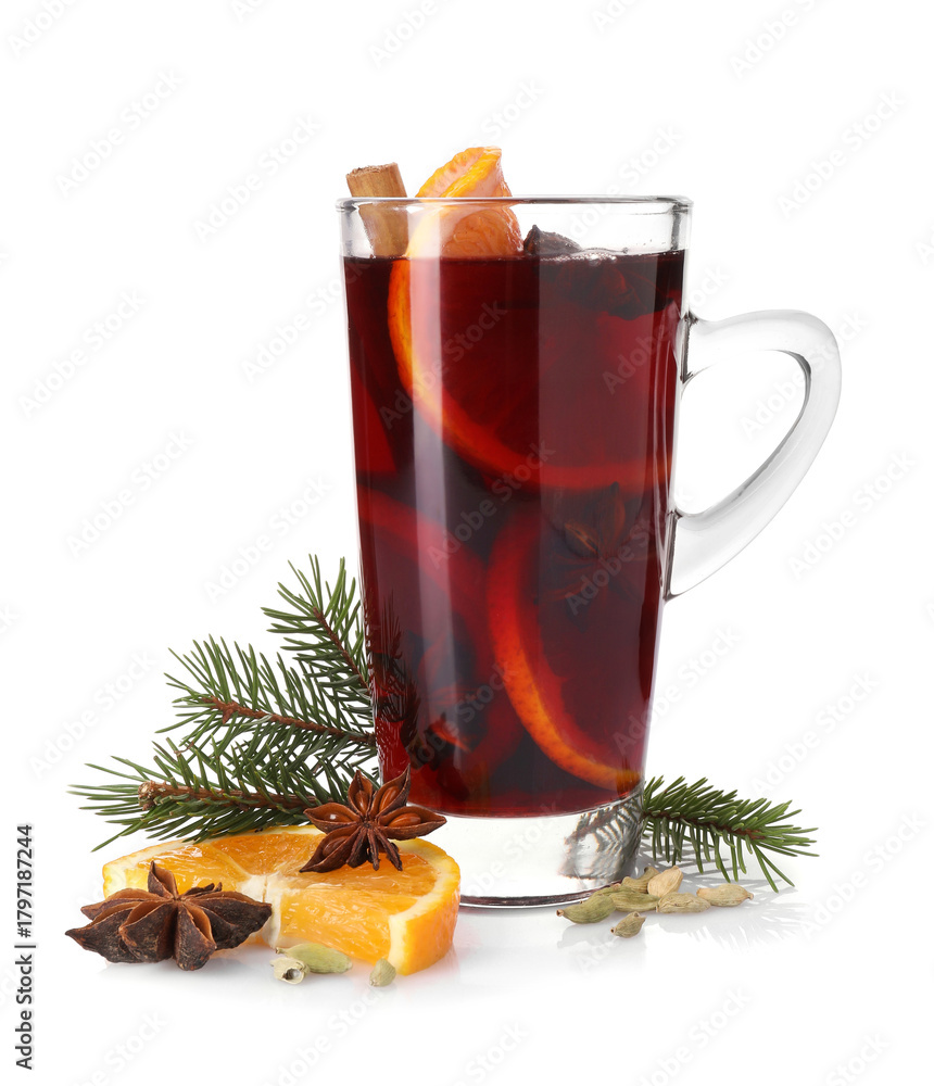 Fototapeta premium Tasty mulled wine, fir tree branch, orange slice and anise isolated on white