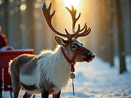 Reindeer in snowy forest at sunset with copy space