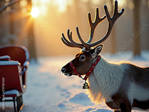 Reindeer standing in snowy forest during golden winter sunset with copy space