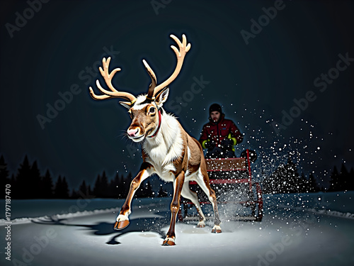 Reindeer pulling sled with person through snowy landscape with copy space