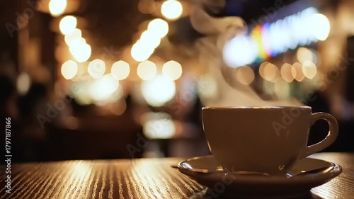 Steaming hot coffee cup on a wooden table with blurred bokeh lights in the background, creating a cozy and warm atmosphere.