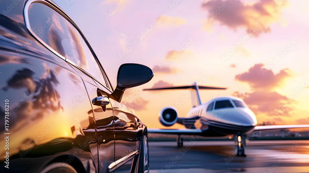 Fototapeta premium A modern luxury car sits against a backdrop of a private jet on a runway on a sunny day