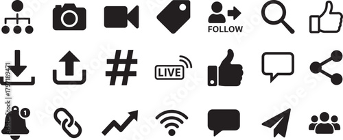 Bold social media icon set featuring popular network logos and app symbols in clean vector silhouette style.