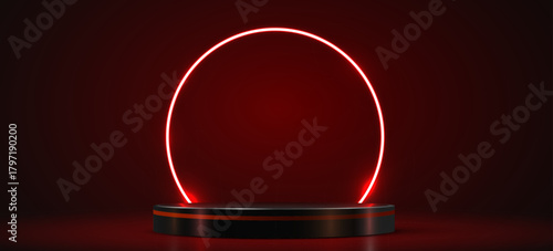 Modern empty podium with red neon light arch on a dark background. Ideal for product presentation. Vector illustration.