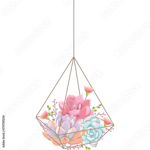 Geometric terrarium with hanging succulent plants and berries, symbolizing growth and nature's beauty