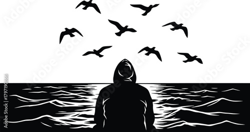 Solitary figure by water, birds flying overhead, peaceful nature silhouette, emotional moment vector, cad drawing flat vector illustration