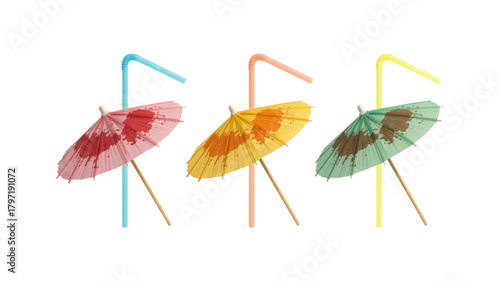 Fototapeta Naklejka Na Ścianę i Meble -  Three colorful cocktail umbrellas with straws isolated on a transparent background