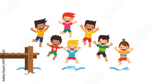 Joyful Group Of Children Jumping And Playing Near a Wooden Dock, Happy Moments