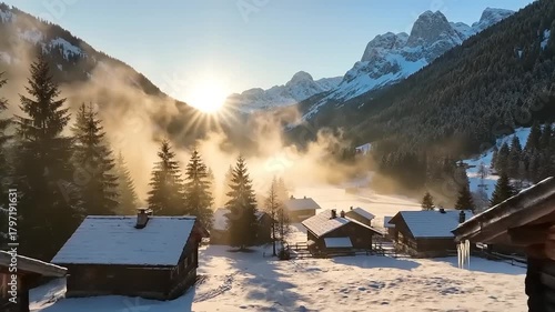 Winter Wonderland - Cozy Cabins in a Snow-Covered Valley at Sunrise with Majestic Mountains.
