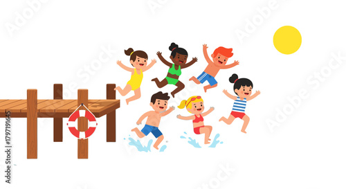 Joyful Group Of Children Jumping And Playing Near Water With Pier And Sun