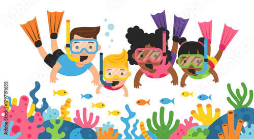 Joyful Group Of Children Performing Recreational Diving In A Vibrant Marine Habitat